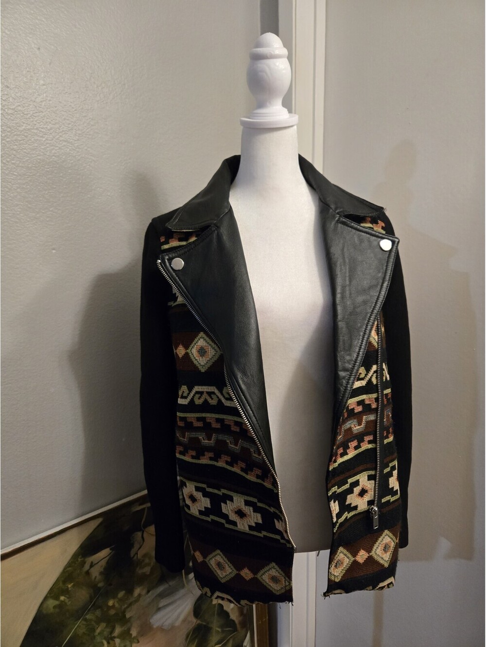 Zara Womens Size Small Knit Aztec Western Tribal Moto Leather Jacket Oversized - Picture 4 of 8